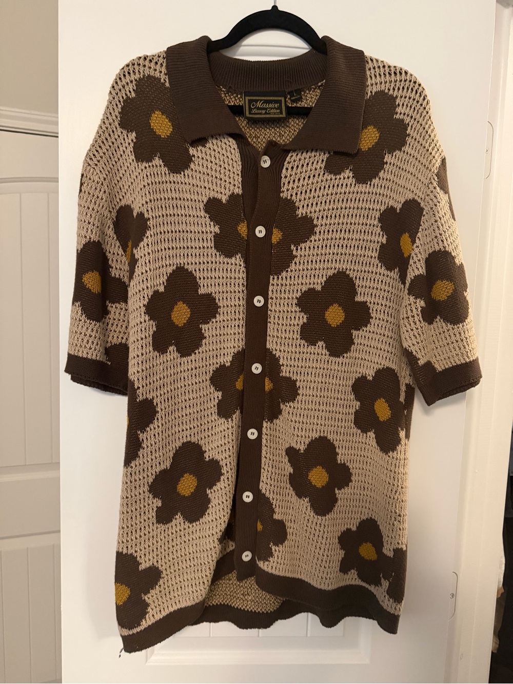 Massive Luxury Brown Floral Knit Polo Cardigan - Beige & Brown